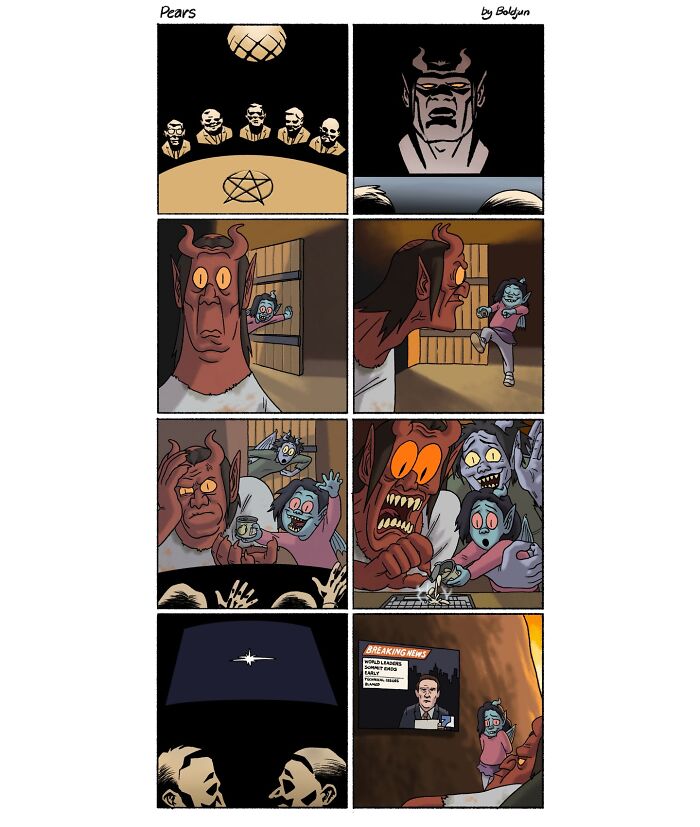 A dark and funny comic depicting a devil and small creatures around a table, showcasing dark humor.