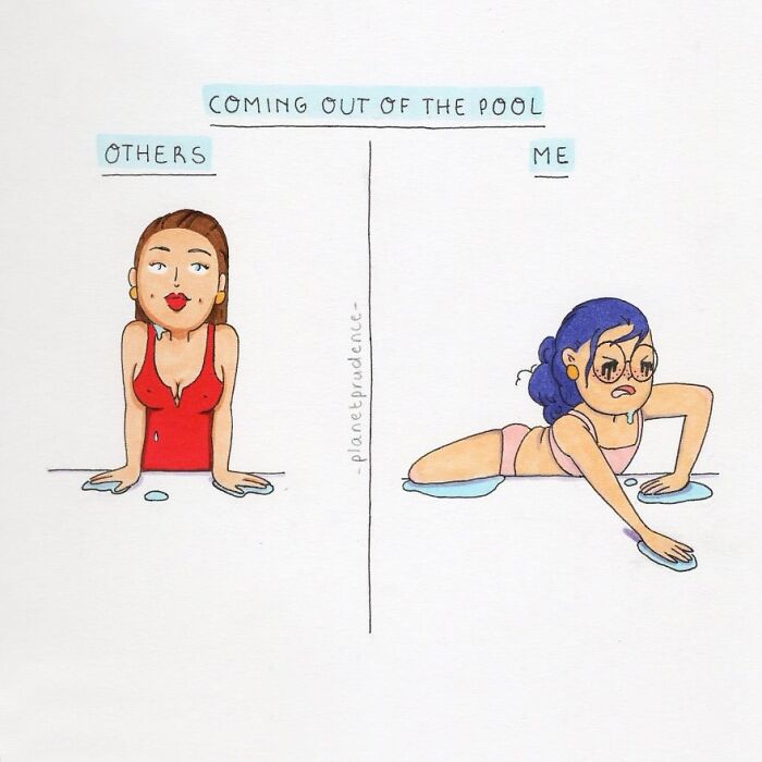 Artist illustrates being a woman: difference in appearance for others vs me when coming out of the pool.