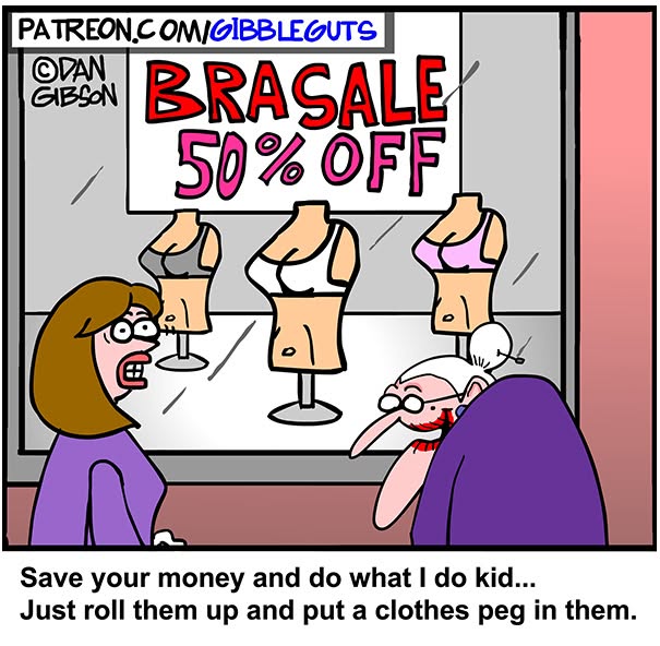Hilarious one-panel comic by Dan Gibson depicting Tillie giving advice on bras to a younger woman during a sale.