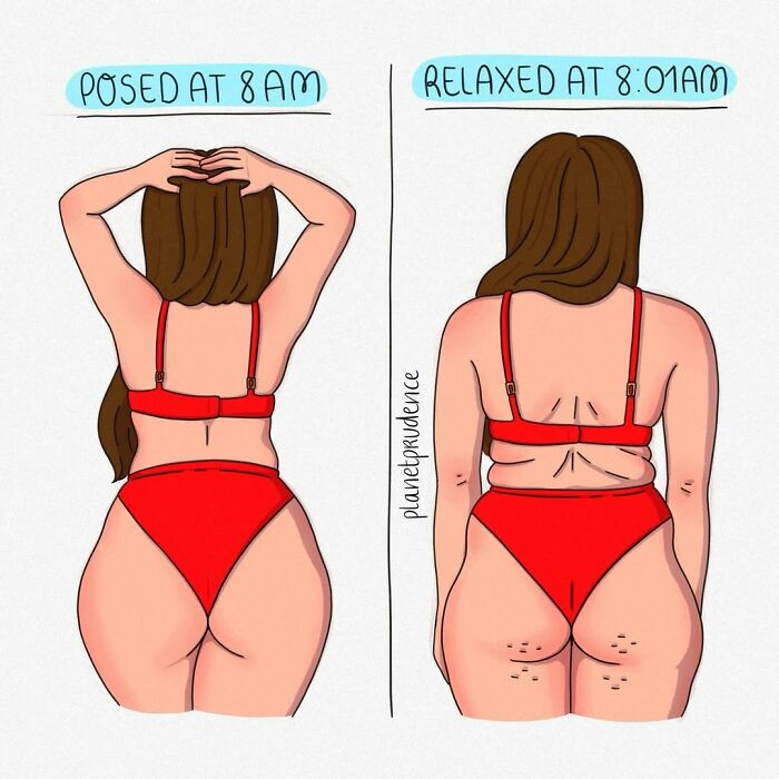 Artist illustrates what being a woman is like; a split image of a woman posed vs. relaxed in a red bikini.
