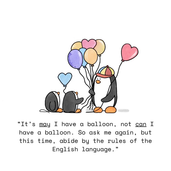 Hilariously relatable one-panel comic with penguins and balloons. Animals brought to life.