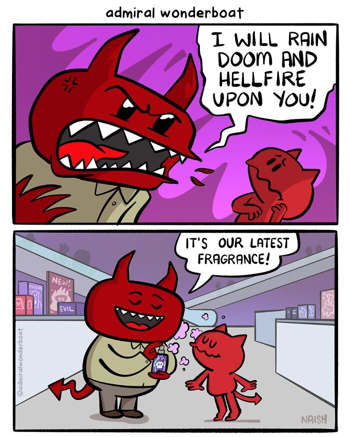 Funny comic about friendship and a slightly dark humor. A small devil announces a new fragrance: rain doom and hellfire.