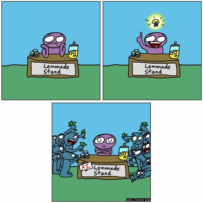A relatable comic illustrating a lemonade stand, then an AI lemonade stand swarmed with customers, proving a dose of humor.