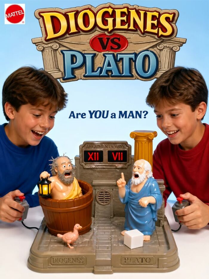 Two boys play a Diogenes vs Plato figurine game, controlling figures of the philosophers in an argument.