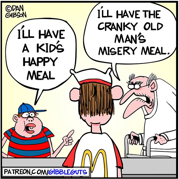 Hilarious one-panel comic by Dan Gibson showing a kid and an old man ordering different types of happy meals.