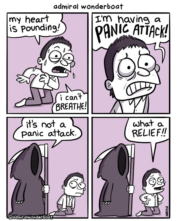 Funny comic about life and anxiety, where a man thinks he is having a panic attack, but it is actually D***h.