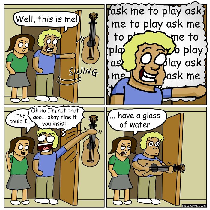 A relatable comic shows a man eager to play guitar for a woman, then reluctantly playing a single note, proving a dose of humor.