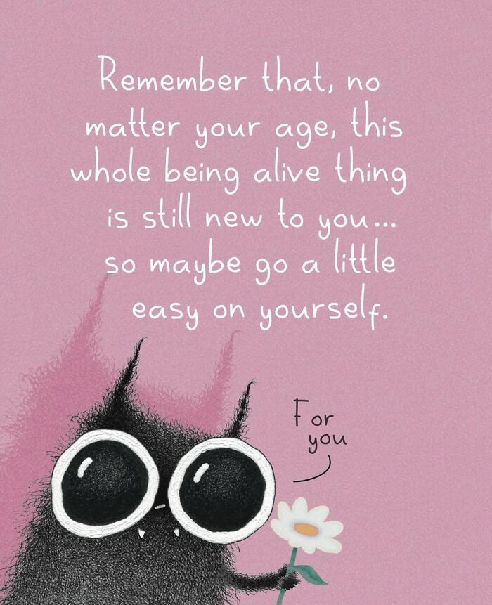 Adorable illustrations of cat behavior: A fluffy black cat gives a flower with the message: Go easy on yourself.