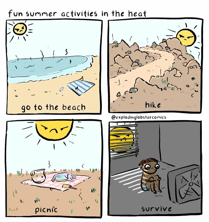 A comic strip about fun summer activities in the heat, featuring cats, cryptids and questionable life choices.