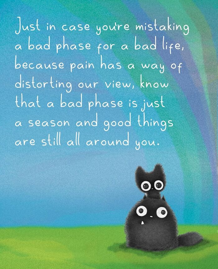 Adorable illustrations of cat behavior, a small black cat standing on a larger black cat against a rainbow sky.