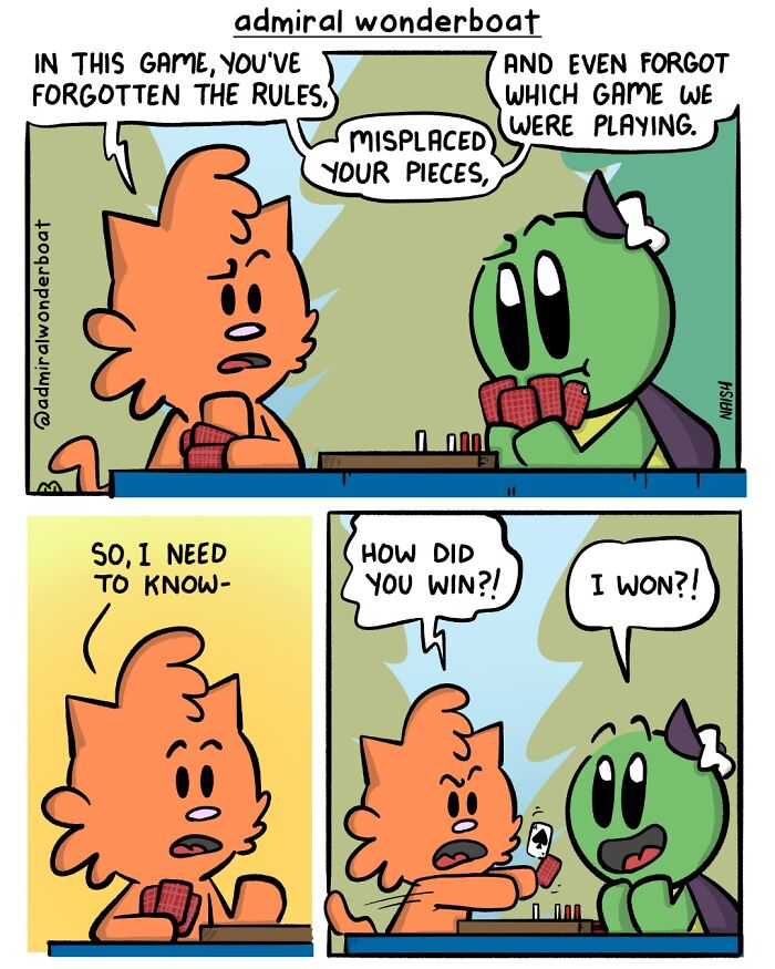 Funny comic about friendship, playing a game, and forgetting rules. The orange character asks how they won, expressing confusion.