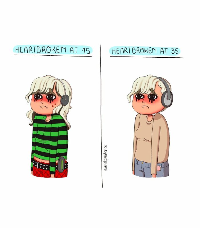Artist illustrates what being a woman is like; a split image of a heartbroken woman at 15 vs. 35.