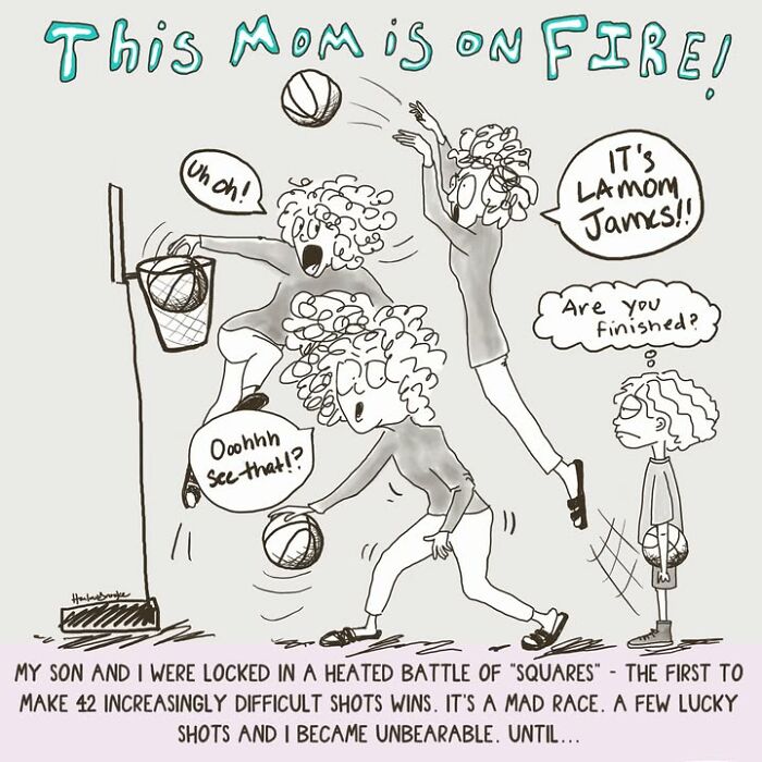 Cartoonist illustrates messy parenting with a mom playing basketball with her son.