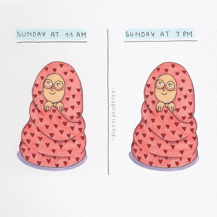 Artist illustrates what being a woman is like; two panels showing a woman happily wrapped in a blanket on Sunday.