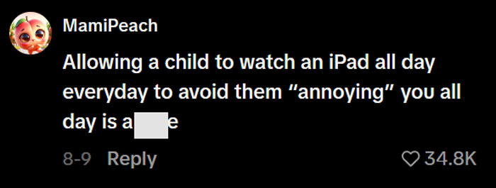 A social media comment from MamiPeach criticizing allowing kids screen time instead of reading and exercising. A social media comment from MamiPeach criticizing allowing kids screen time instead of reading and exercising.