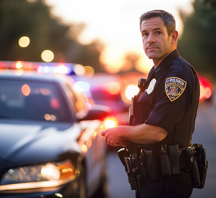 A police officer stands by a patrol car with flashing lights, dealing with a squatter's filthy nightmare. A police officer stands by a patrol car with flashing lights, dealing with a squatter's filthy nightmare.