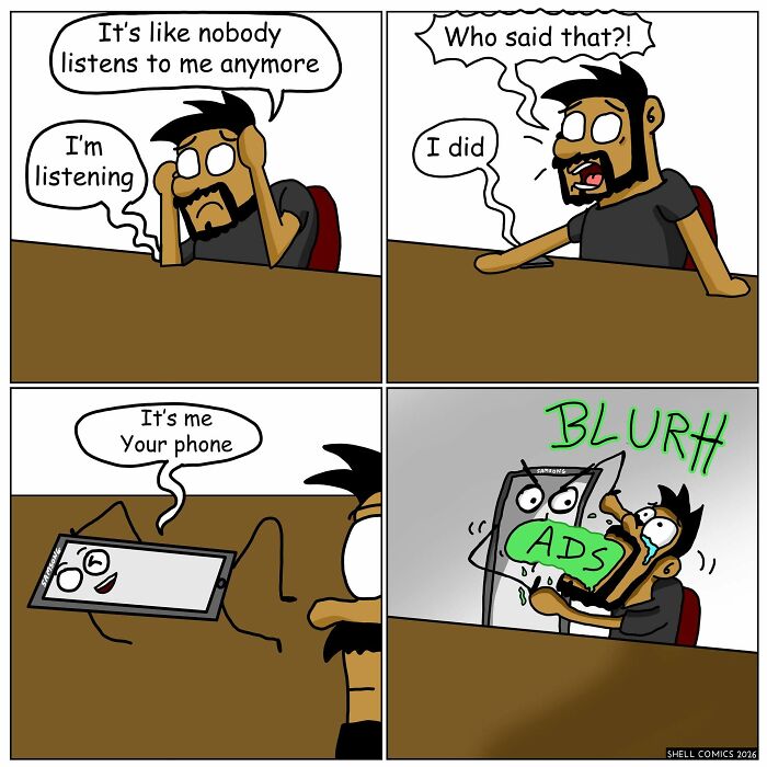 A relatable comic shows a man's phone interrupting his thoughts, then barraging him with ads, proving a dose of humor.