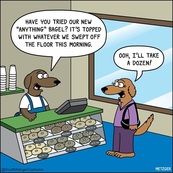 A dog offering an anything bagel to another dog, showcasing relatable comics about pets.
