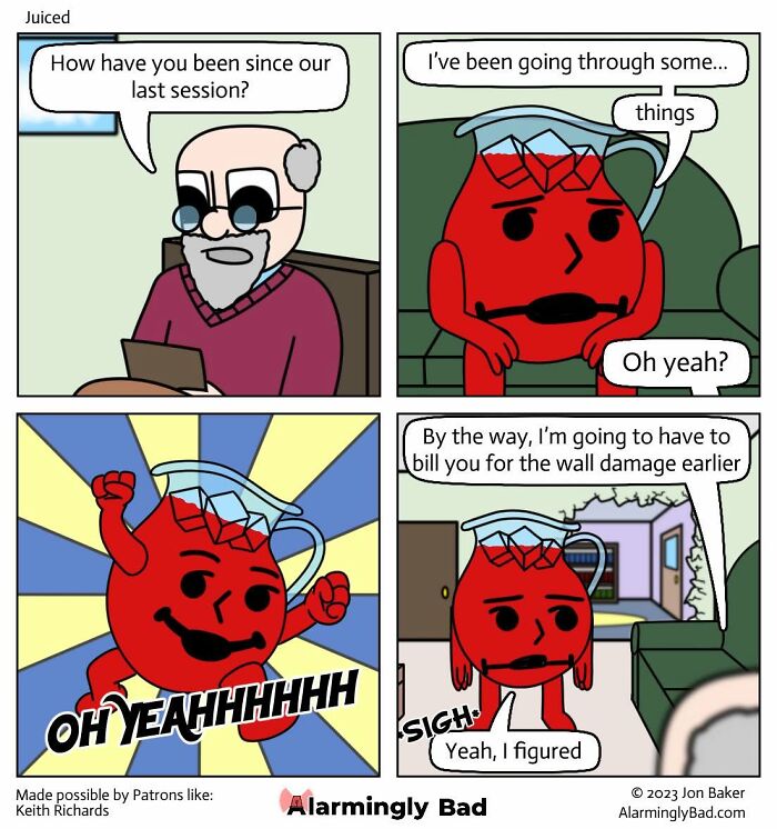Jon Baker comics: Kool-Aid Man in a therapy session, celebrating smashing a wall. Humorous and unpredictable twist.