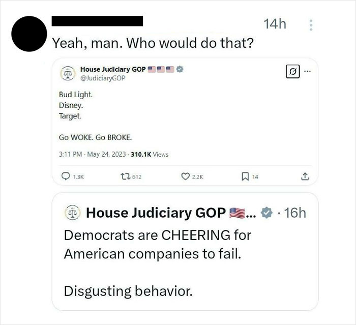 People satisfyingly got caught in contradictions online, with the House Judiciary GOP's contrasting tweets.
