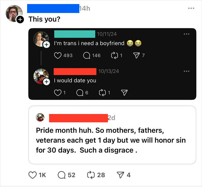Screenshot of social media posts, one expressing trans identity and another criticizing Pride Month, showing contradictions online.