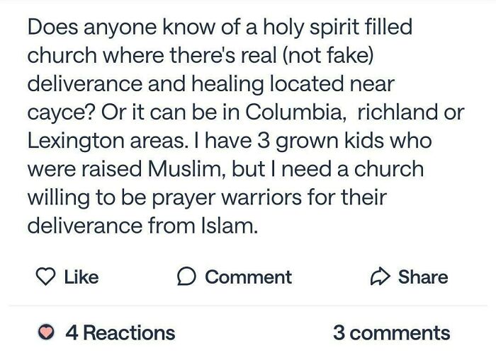 A humorous screenshot from a neighborhood online community with a post about finding a church for deliverance from Islam.