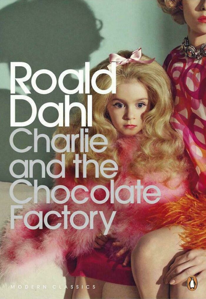 Hilariously unhinged book cover for Charlie and the Chocolate Factory with a doll-like girl in a pink feather boa