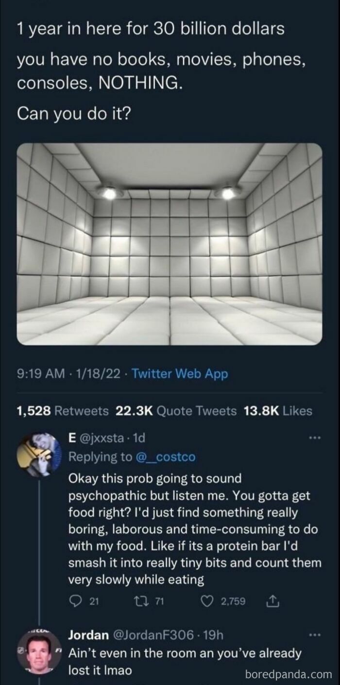 An oddly specific post showing a padded room, questioning if one could stay for a year for 30 billion dollars without entertainment.