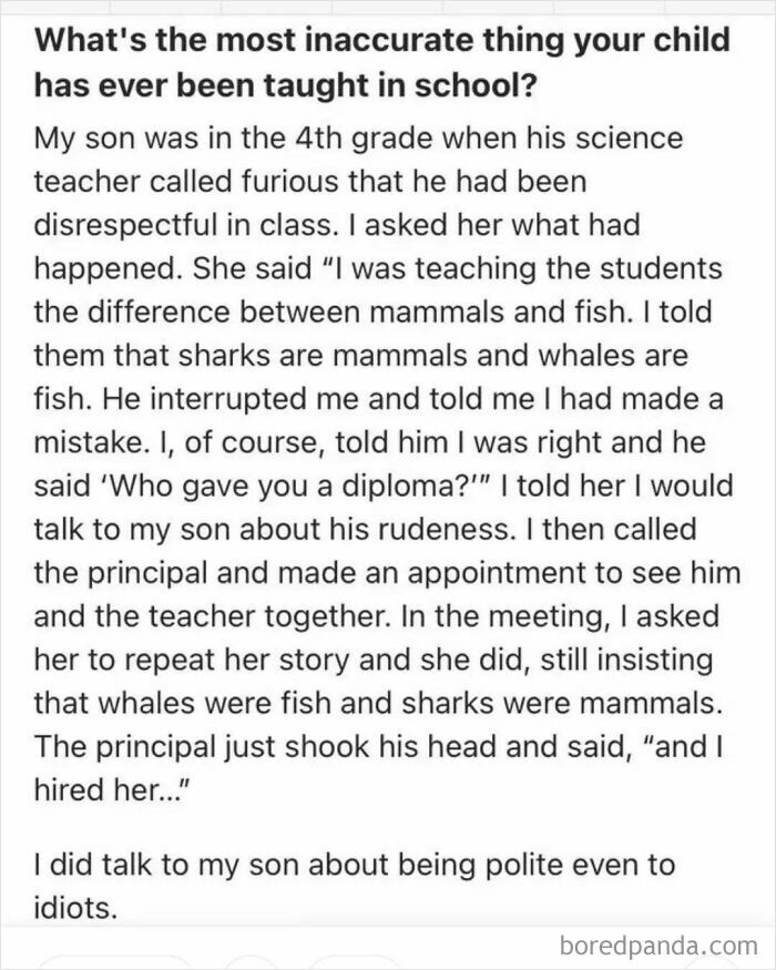 A screenshot of a teacher lying about science facts, getting busted for lying in an embarrassing screenshot.