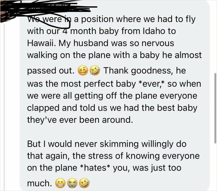 Hilariously embarrassing screenshot of someone lying about flying with a baby from Idaho to Hawaii, almost passing out.