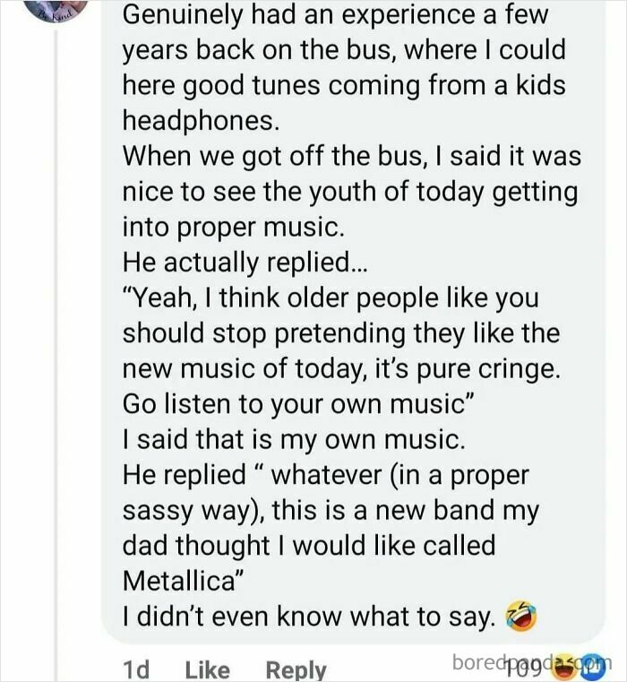 A social media post recounting an embarrassing bus conversation about music with a kid, an example of people busted for lying.