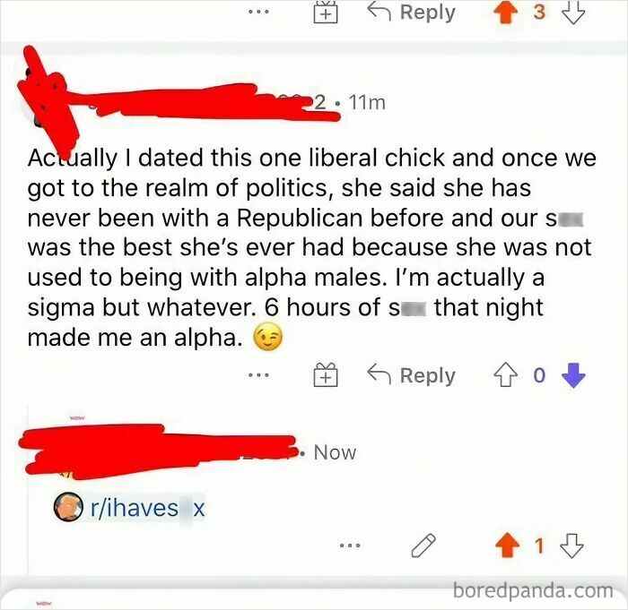 A screenshot of a Reddit comment where someone got busted for lying about being an alpha male with a liberal woman.
