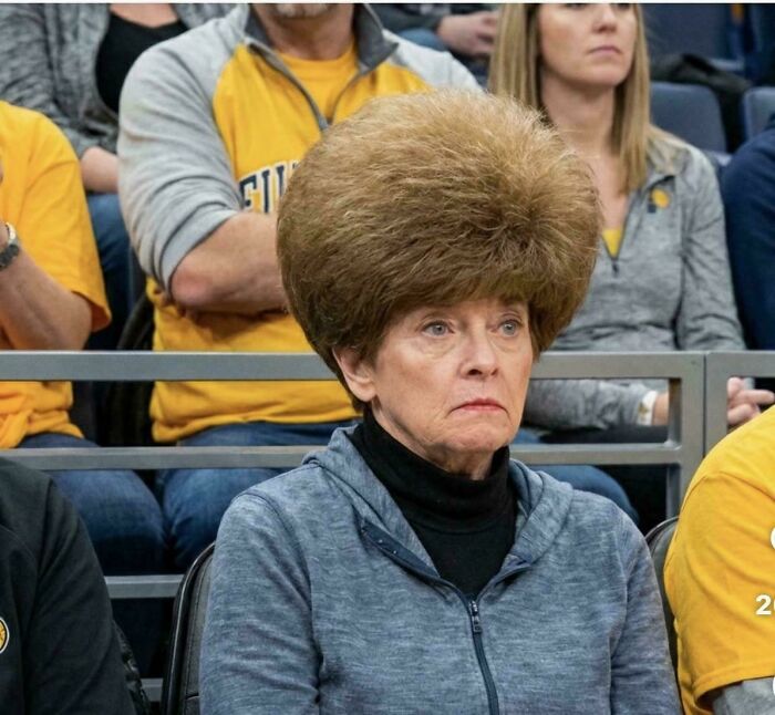 A woman with a large, perfectly round hairstyle, another example of bold hairstyles.