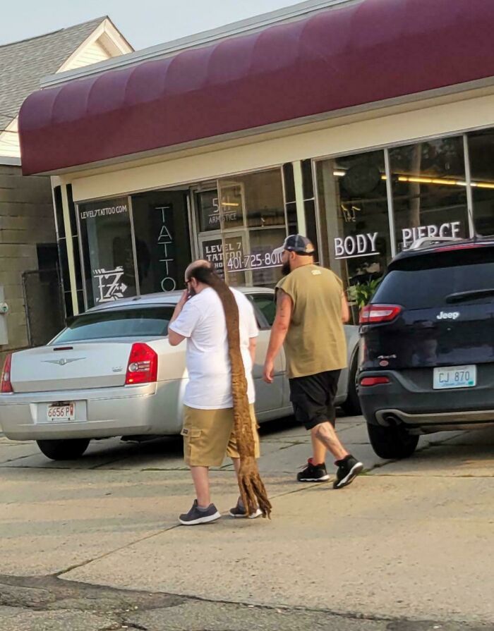 A man with extremely long dreadlocks reaching to his knees, walking on a street, a very bold hairstyle.