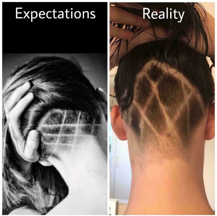 A two-panel image showing hairstyle expectations vs. reality, with a desired crisp shaved pattern contrasting with a messy, uneven design.