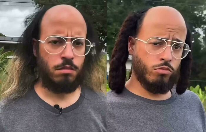 A man with glasses in a split image, showing two bold hairstyles: long dark hair on one side, and two short dreadlocks on the other.