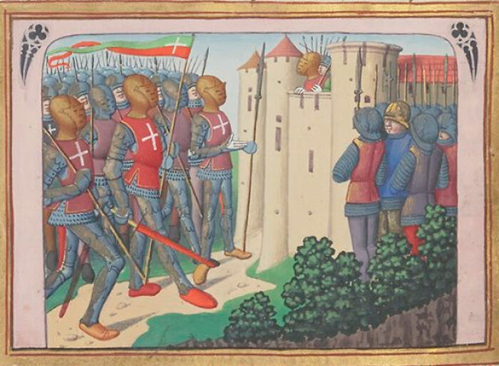 Medieval illustration of armored soldiers, depicting military life in the Middle Ages.