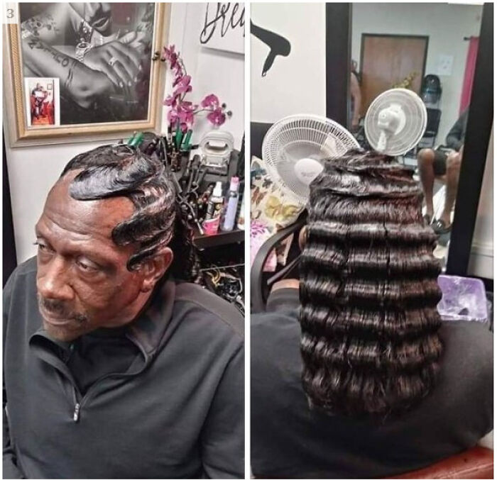 An older man with very defined, bold finger wave hairstyles, shown from the front and back.