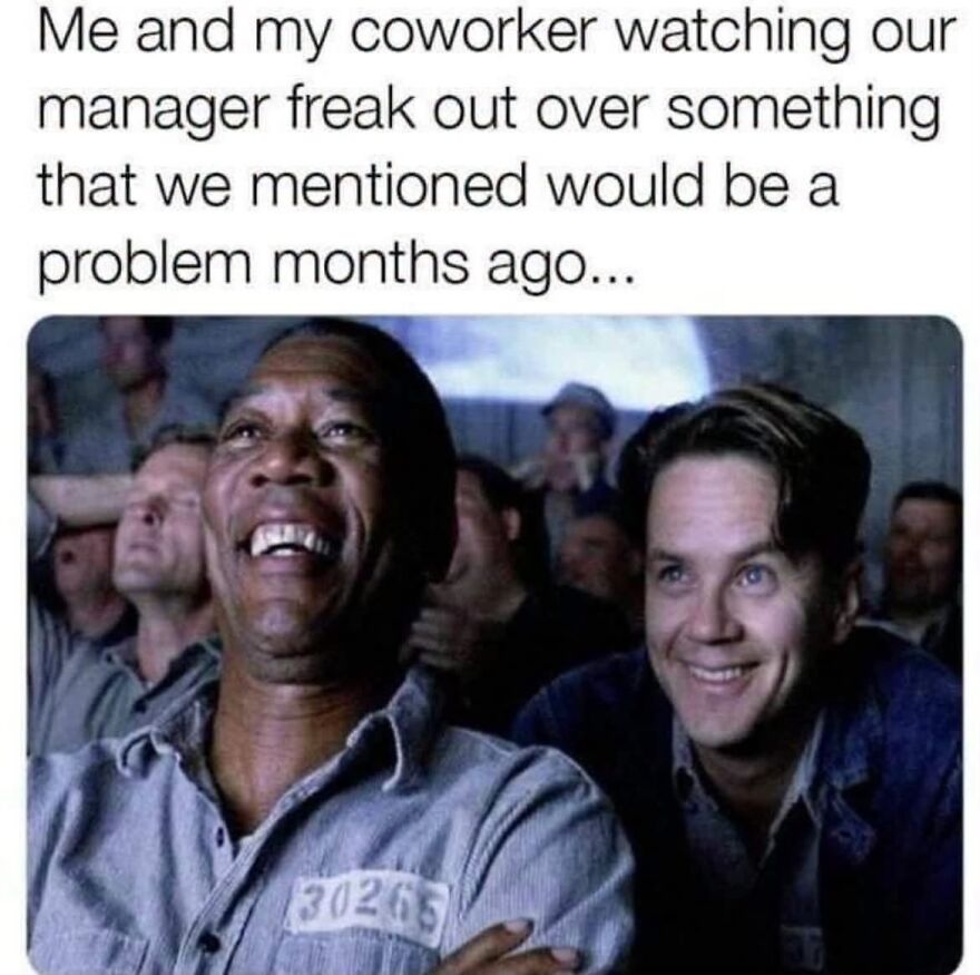 A meme with Morgan Freeman and another man laughing while their manager freaks out, representing hilarious real life memes.