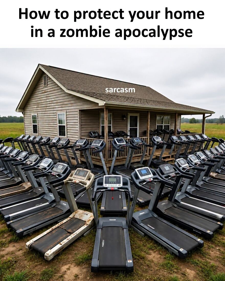 A house surrounded by treadmills, a hilarious meme showing a sarcastic way to protect a home in a zombie apocalypse.