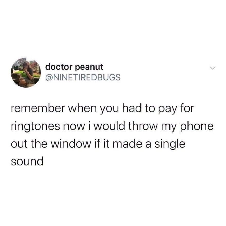 A social media post with text about hilarious memes and real life, asking if people remember paying for ringtones.