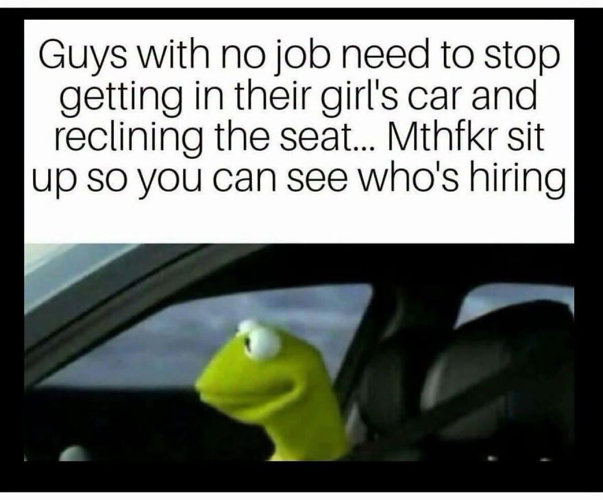 Hilarious meme of Kermit the Frog driving, illustrating a relatable situation about guys with no jobs, taking inspiration from real life.