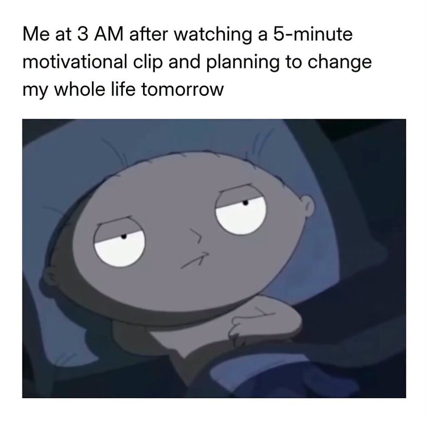 Hilarious meme of Stewie Griffin from Family Guy in bed at 3 AM, planning to change his life, taking inspiration from real life.
