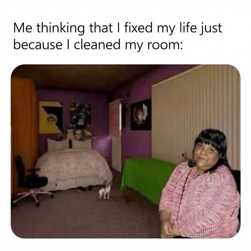A woman in a plaid shirt sits in a messy purple room, looking at the camera. A meme inspired by real life.