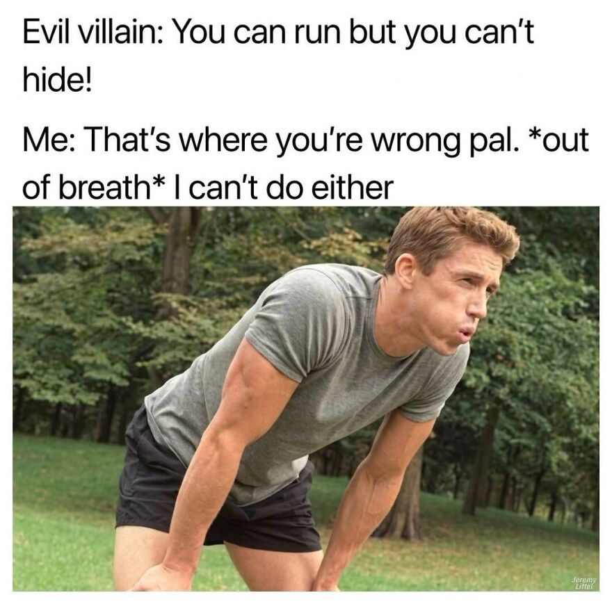 A man bent over, out of breath after running, embodies a relatable, hilarious real-life meme about exertion.