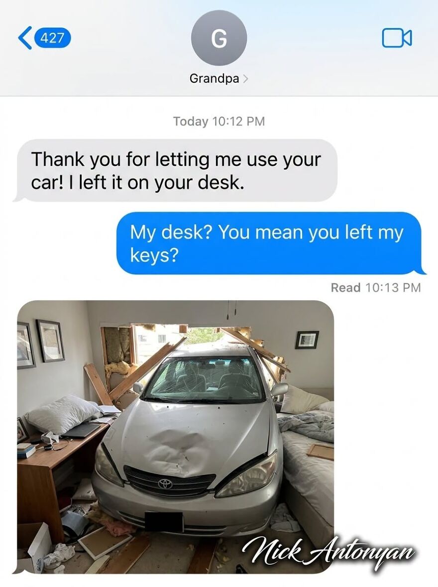 A text message exchange shows a car crashed through a wall into a room, a hilarious real-life meme gone wrong.