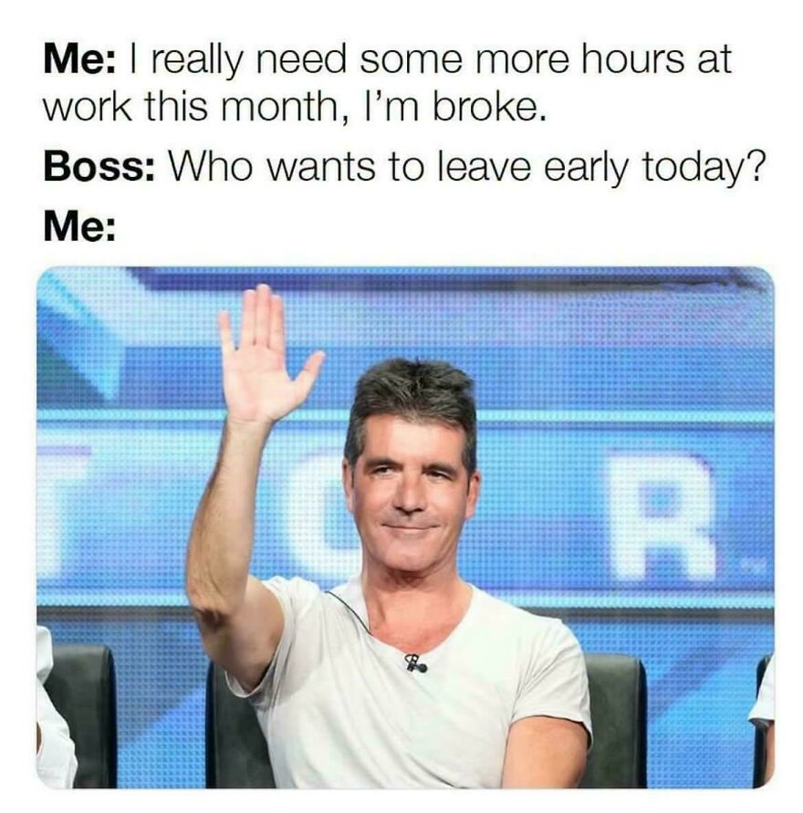 Simon Cowell raises his hand, wanting to leave early. Hilarious memes take inspiration from real life.