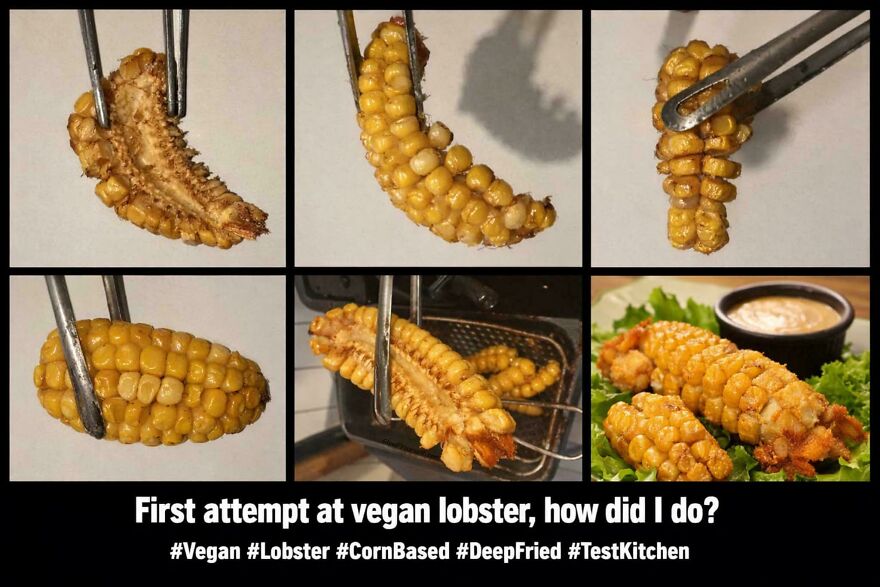 A six-panel image showing the process of making vegan lobster from corn, a hilarious real life meme.