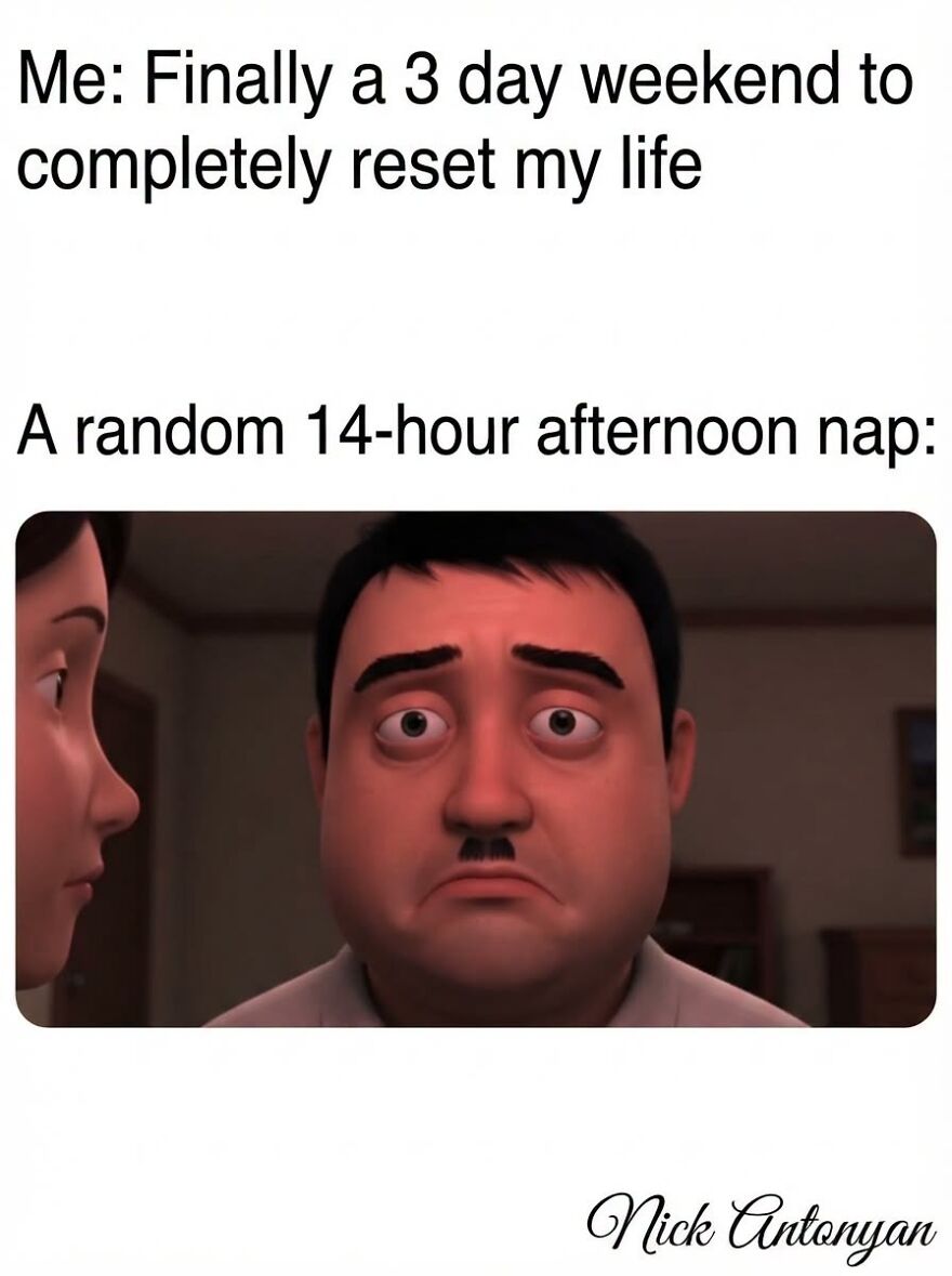 A cartoon character with wide, sad eyes, representing a hilarious real life meme about weekend naps.
