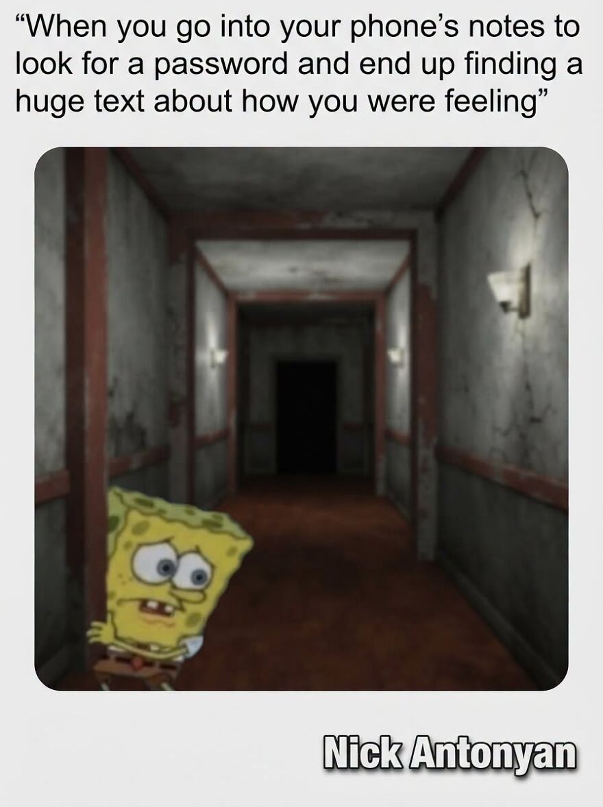 A meme of SpongeBob SquarePants looking scared in a dark hallway, representing relatable real life memes.
